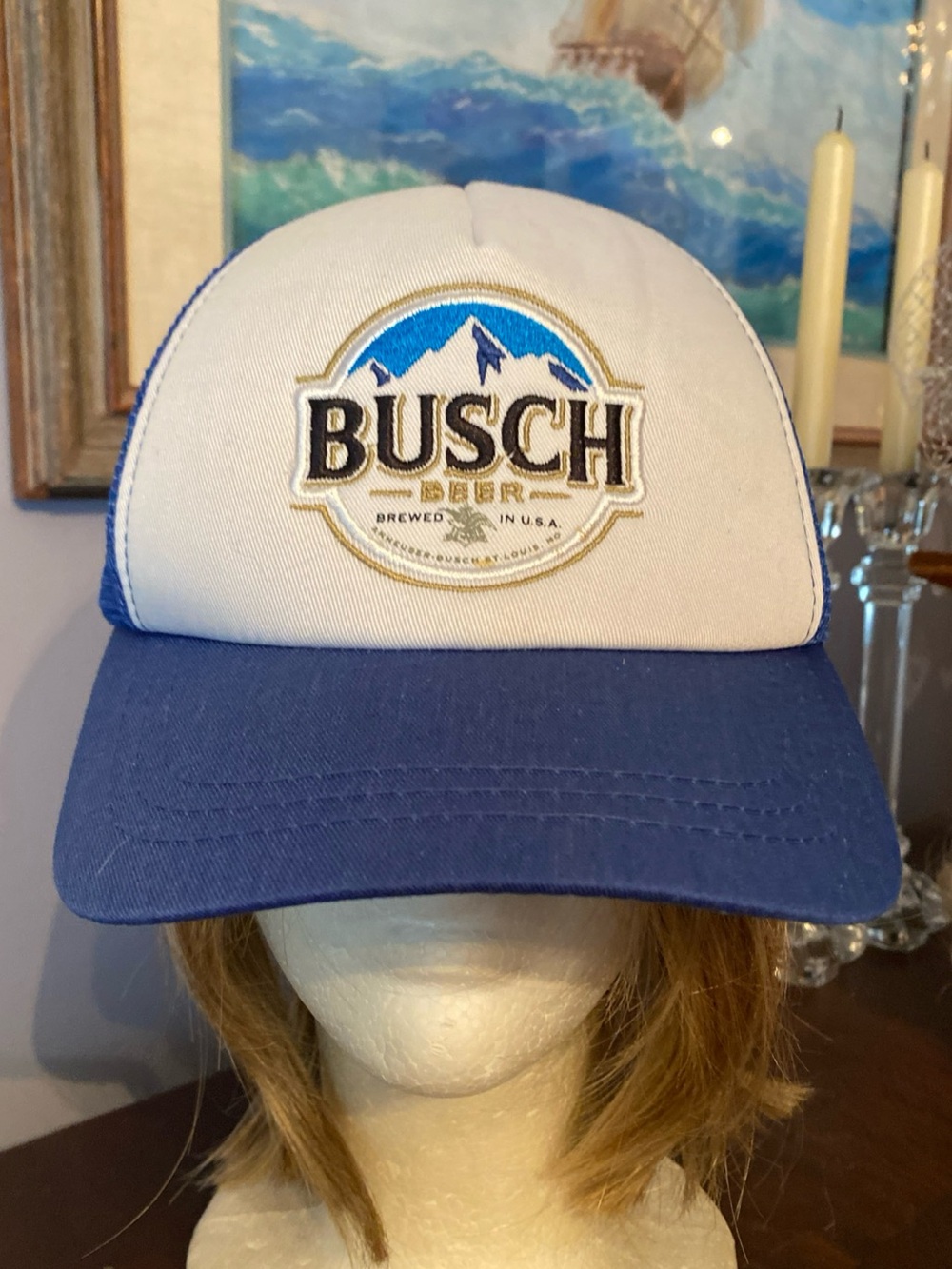 V! Vintage Busch Beer Snapback Trucker Cap Hat Mesh Blue Outdoors Redneck Fishin